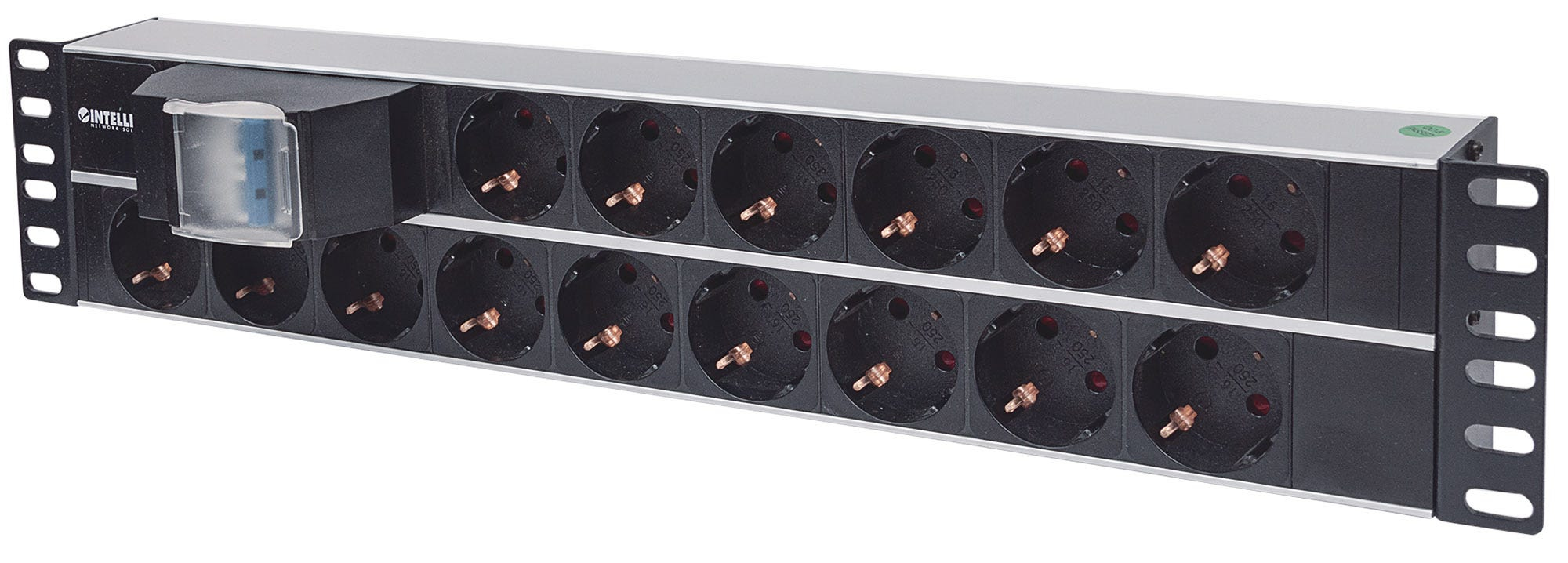Intellinet 714051 strømforsyningsenhed (PDU) 15 AC stikkontakt(er) 2U Aluminium, Sort