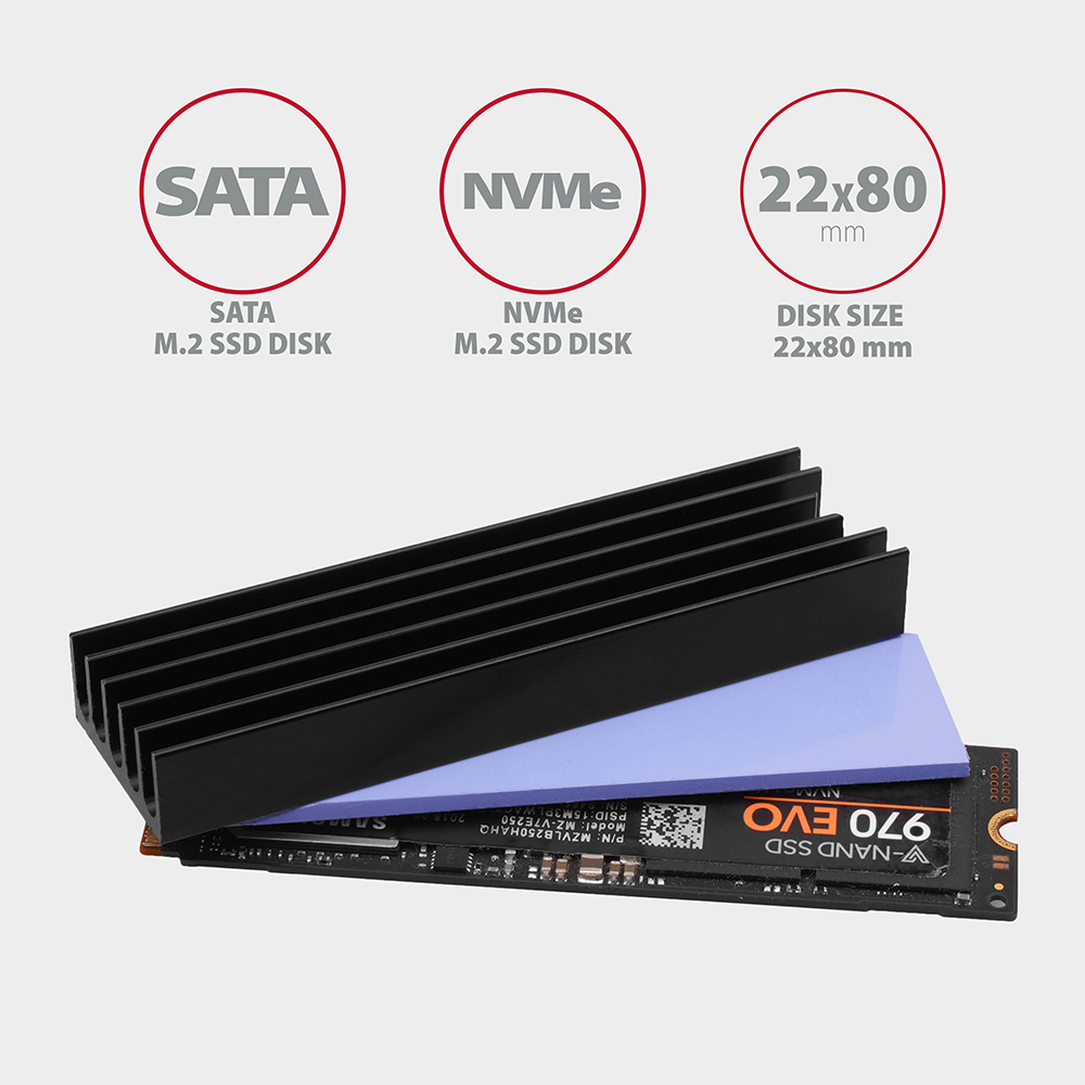 Axagon CLR-M2L10 Computerkølesystem M.2 NVMe SSD, Solid-state drev Køleplade/køler Sort 1 stk